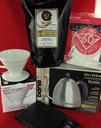 Gear: Coffee Level 3: V60 Lab (1L Gooseneck Kettle, Scale, 4-cup Hario V60, 1 Pack filters, 1lb Coffee)